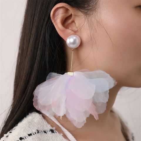 1 Pair Lady Flower Alloy Cloth Drop Earrings
