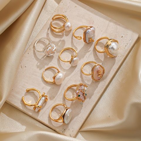 Elegant Original Design Korean Style Round Copper Inlay Freshwater Pearl 18k Gold Plated Open Rings