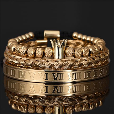 304 Stainless Steel Copper 18K Gold Plated Classic Style Braid Geometric Crown Roman Numeral No Inlay Bangle