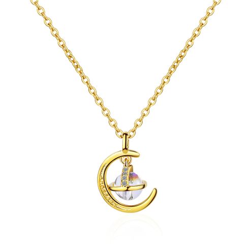 Copper IG Style Elegant Lady Inlay Moon Zircon Pendant Necklace