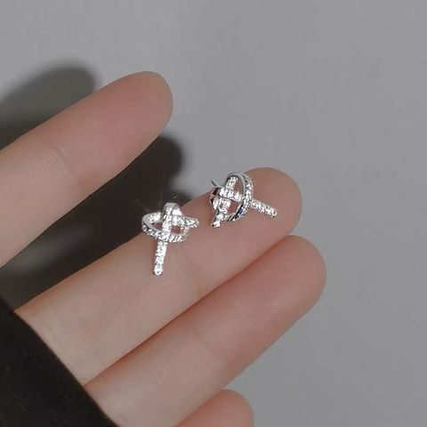 1 Pair Simple Style Shiny Heart Shape Knot Plating Inlay Sterling Silver Zircon Ear Studs