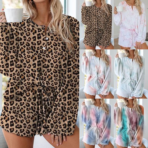 Home Women's Casual Tie Dye Polyester Printing Patchwork Contrast Binding Pajama Sets
