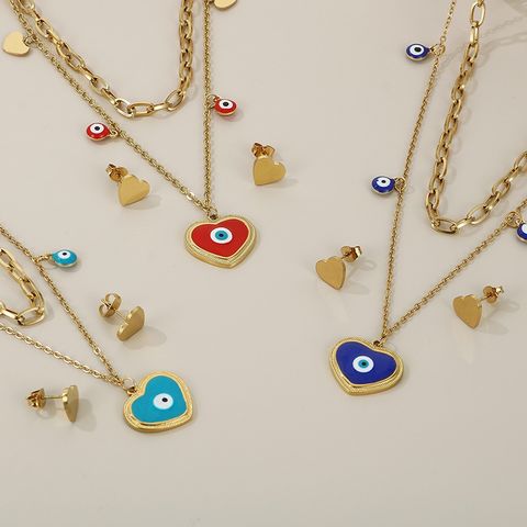 Stainless Steel Titanium Steel 18K Gold Plated Streetwear Enamel Plating Heart Shape Layered Necklaces