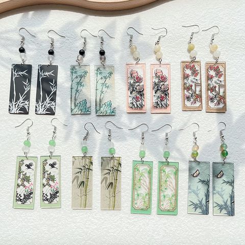 1 Pair Simple Style Commute Bamboo Flower Printing Polishing Arylic Silver Plated Drop Earrings