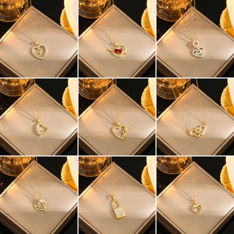 Titanium Steel 18K Gold Plated Romantic Sweet Plating Inlay Geometric Heart Shape Zircon Pendant Necklace