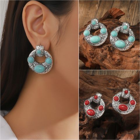1 Pair Retro Color Block Inlay Alloy Turquoise Drop Earrings