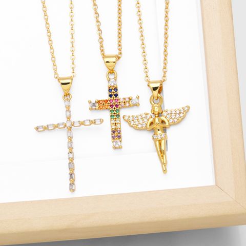 Simple Style Cross Copper Plating Inlay Zircon 18k Gold Plated Necklace