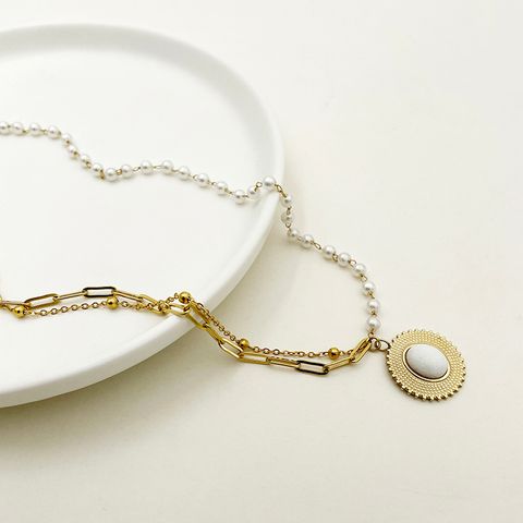 304 Stainless Steel Gold Plated Simple Style Commute Plating Inlay Oval Natural Stone Pearl Necklace