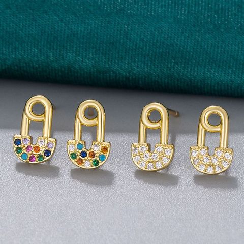1 Pair Simple Style Paper Clip Inlay Copper Zircon Ear Studs