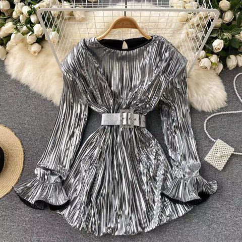 Women's Party Dress Elegant Round Neck Pleated Long Sleeve Solid Color Maxi Long Dress Banquet Street Cocktail Party