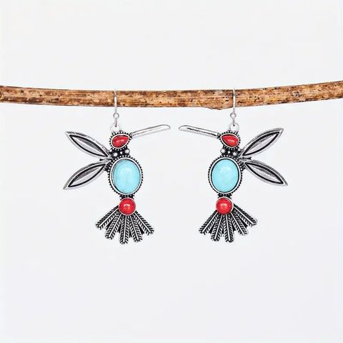 1 Pair Retro Ethnic Style Bird Inlay Alloy Turquoise Gold Plated Drop Earrings