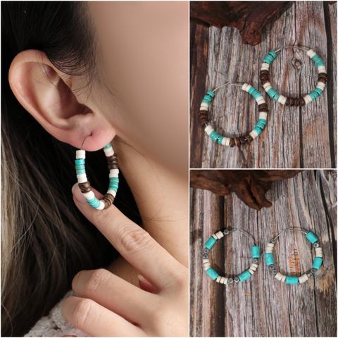 1 Pair Retro Geometric Handmade Turquoise  Hoop Earrings