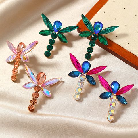 1 Pair Glam Shiny Dragonfly Plating Inlay Alloy Rhinestones Gold Plated Ear Studs