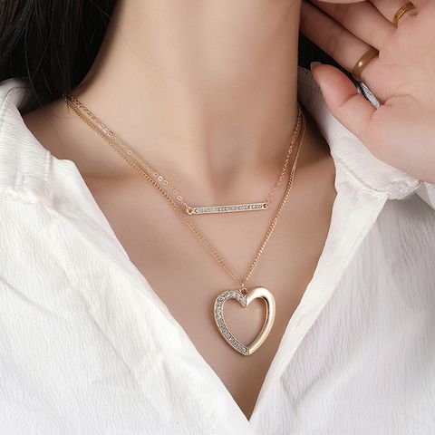 Wholesale Jewelry Elegant Simple Style Heart Shape Alloy Rhinestones Plating Inlay Double Layer Necklaces