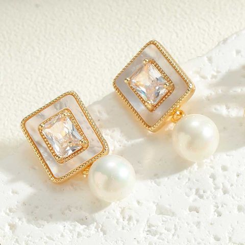 1 Pair Elegant Glam Round Bow Knot Rectangle Plating Inlay Copper Artificial Pearls Shell Zircon 14k Gold Plated Earrings