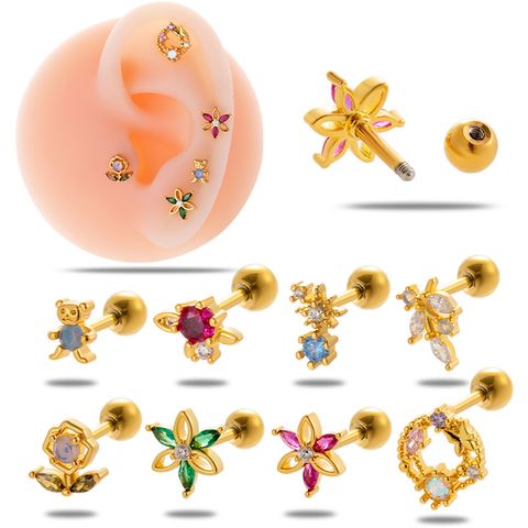 1 Piece Ear Cartilage Rings & Studs Simple Style Classic Style Bear Flower 316 Stainless Steel  Copper Plating Inlay Zircon