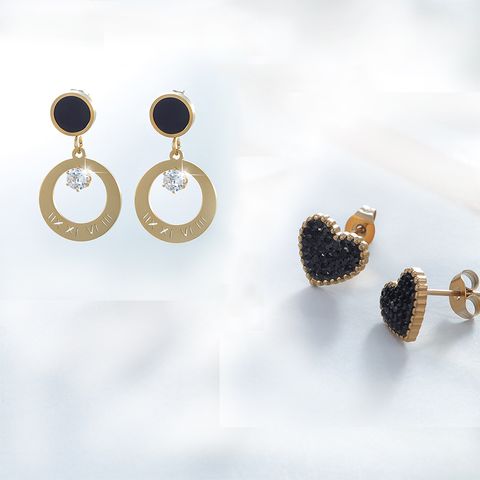 1 Pair Cute Simple Style Circle Heart Shape Plating Inlay 304 Stainless Steel Artificial Diamond 18K Gold Plated Drop Earrings Ear Studs