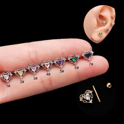 Fashion Heart Shape Titanium Steel Plating Zircon Ear Studs 1 Piece