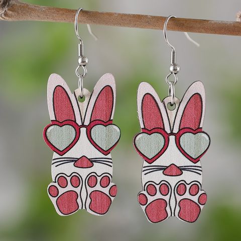 1 Pair Cute Retro Rabbit Printing Wood Drop Earrings