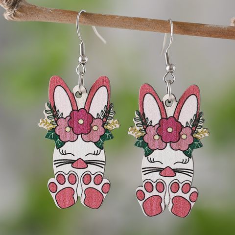 1 Pair Cute Retro Rabbit Printing Wood Drop Earrings