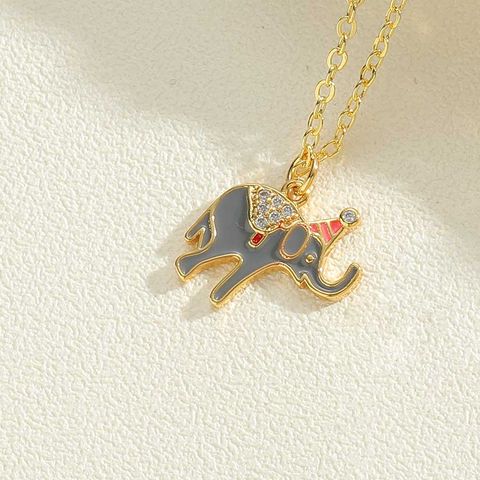 Cute Rabbit Elephant Copper Enamel Plating Inlay Zircon 14k Gold Plated Pendant Necklace