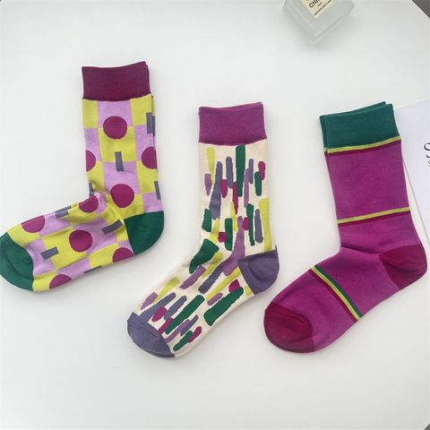 Women's Retro Round Dots Color Block Cotton Crew Socks A Pair