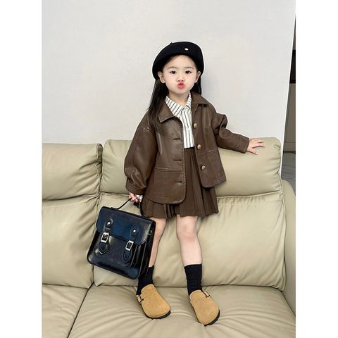Simple Style Classic Style Solid Color Pu Girls Outerwear