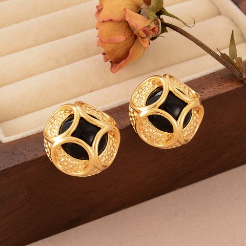1 Pair Elegant Round Plating Copper Natural Stone Turquoise Pearl 18k Gold Plated Ear Studs