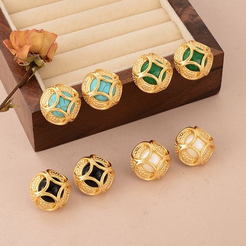 1 Pair Elegant Round Plating Copper Natural Stone Turquoise Pearl 18k Gold Plated Ear Studs