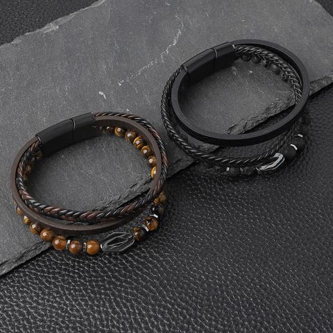 Vintage Style Solid Color Pu Leather Tiger Eye Beaded Men's Bracelets