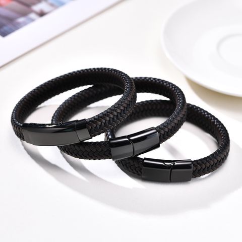 Simple Style Solid Color 304 Stainless Steel Pu Leather Braid Men's Bangle