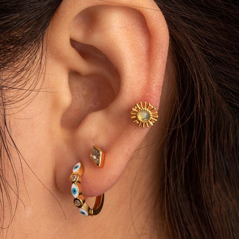 1 Piece French Style Simple Style Korean Style Eye Flower Rhombus Enamel Inlay Copper Zircon Earrings