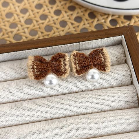 1 Pair Cute Lady Shiny Bow Knot Imitation Pearl Yarn Drop Earrings