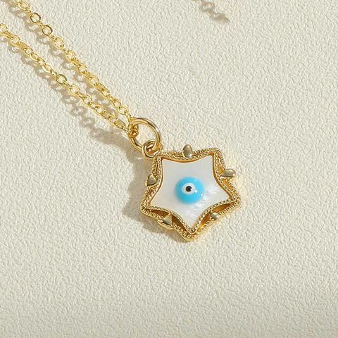 Simple Style Pentagram Devil's Eye Copper Enamel Plating Laser Shell Zircon 14k Gold Plated Pendant Necklace