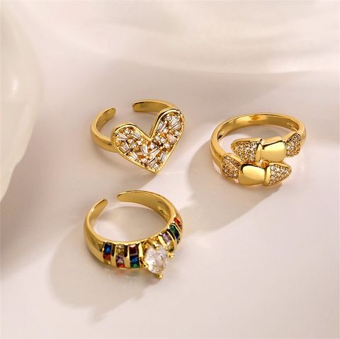 Vintage Style Heart Shape Copper Plating Inlay Zircon Gold Plated Open Rings