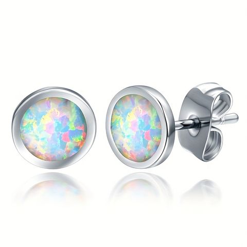 1 Pair Elegant Geometric Round Inlay Copper Opal White Gold Plated Ear Studs