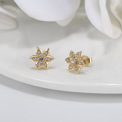 1 Pair Simple Style Roman Style Snowflake Plating Inlay Sterling Silver Zircon 14k Gold Plated White Gold Plated Ear Studs
