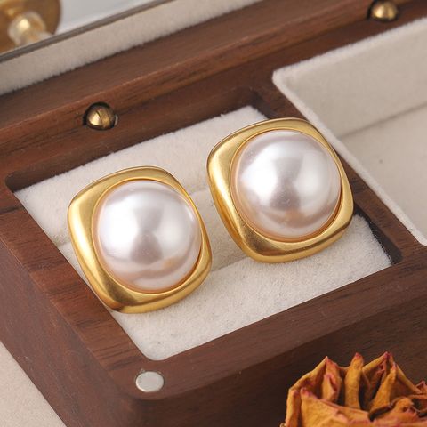 1 Pair French Style Simple Style Square Plating Inlay Copper Pearl Ear Studs