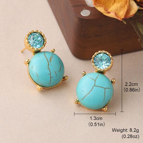 1 Pair Vintage Style Tortoise Plating Inlay Copper Turquoise Rhinestones 18k Middle Ancient Gold Drop Earrings