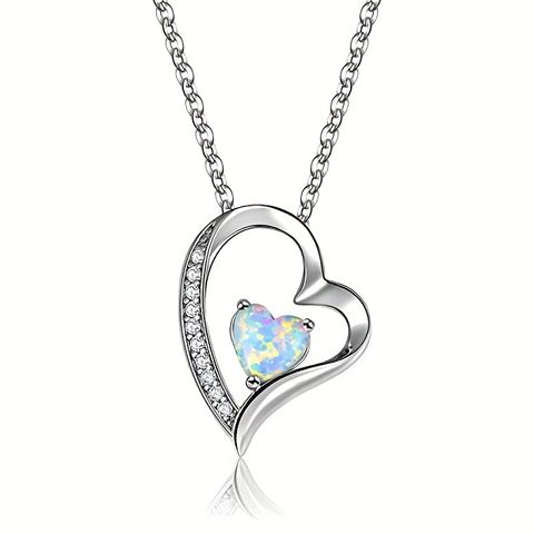 Copper White Gold Plated Elegant Heart Shape Plating Inlay Opal Pendant Necklace