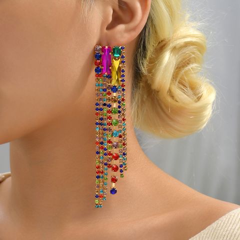 1 Pair Elegant Glam Shiny Geometric Tassel Plating Inlay Zinc Alloy Rhinestones Drop Earrings