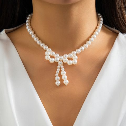 Modern Style Sweet Shiny Bow Knot Beaded Imitation Pearl Beaded Knitting Women's Necklace