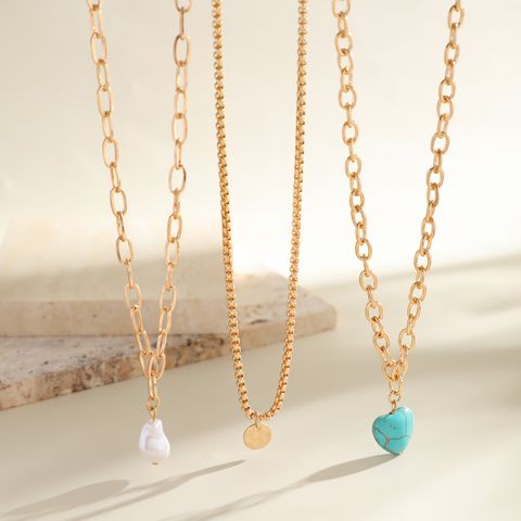 Ig Style Irregular Round Heart Shape Imitation Pearl Turquoise Copper Women's Pendant Necklace
