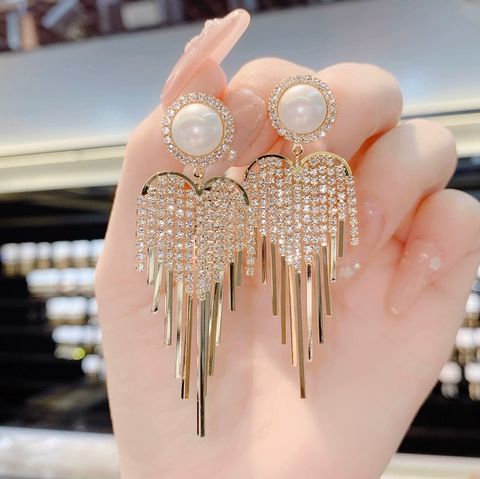 1 Pair Elegant Luxurious Tassel Heart Shape Inlay Copper Alloy Pearl Zircon Drop Earrings