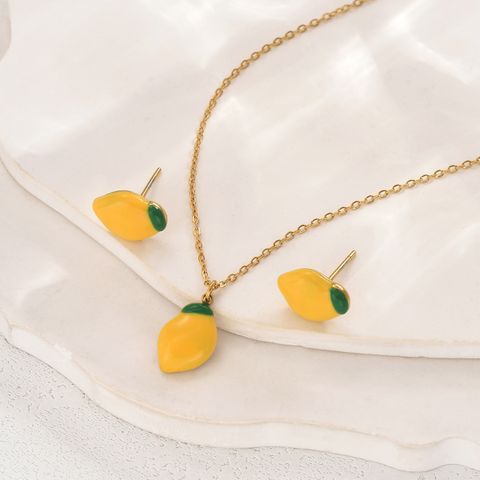 Cartoon Style Cute Lemon Fruit 14K Gold Plated 304 Stainless Steel Wholesale Earrings Necklace