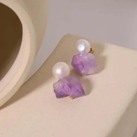 1 Pair Elegant Simple Style Geometric Pearl Freshwater Pearl Amethyst 18k Gold Plated Drop Earrings