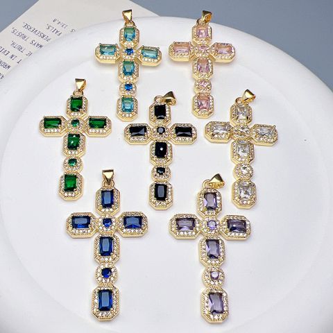 Classic Style Cross Copper Plating Inlay Zircon 18k Gold Plated Jewelry Accessories