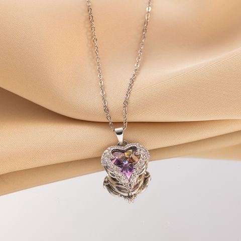 Romantic Heart Shape Titanium Steel Copper Plating Inlay Artificial Crystal Pendant Necklace