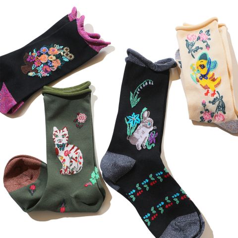 Women's Sweet Ditsy Floral Color Block Cotton Spandex Crew Socks A Pair