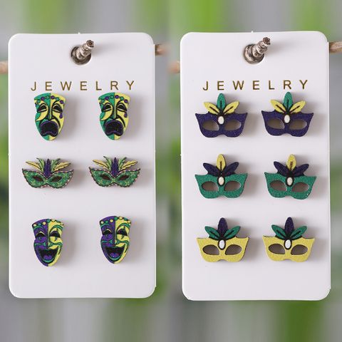 Wholesale Jewelry Retro Exaggerated Mask Wood Ear Studs